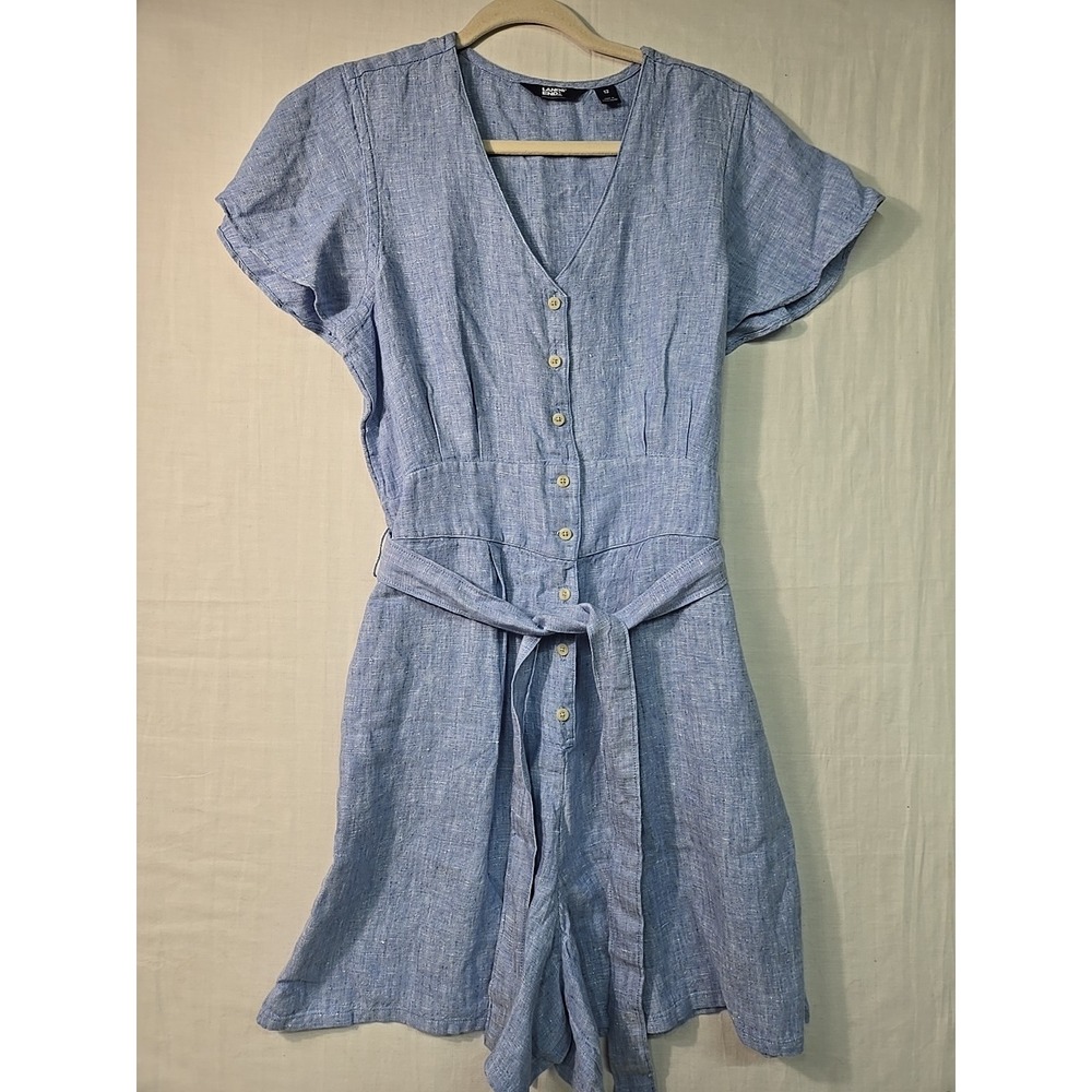 Lands'‎ End Women's 12 Chambray Romper Blue Linen Flutter Short Sleeve Belt
